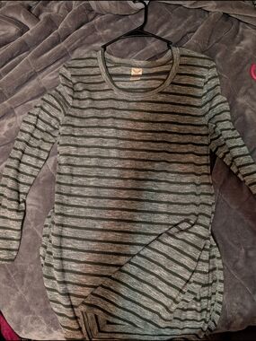 Striped Long Sleeve Knit Top - Gray & Olive Green